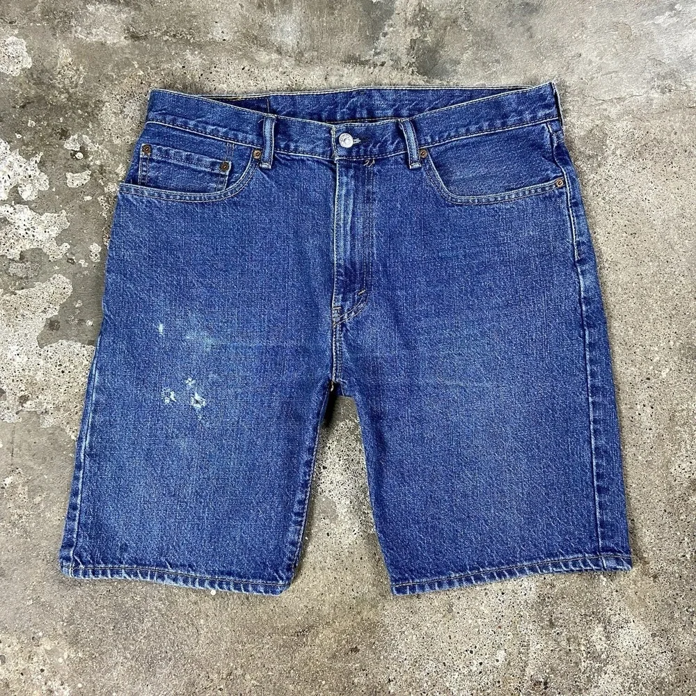 Levi's 505 Jean Shorts Size 36 Blue Denim Medium Wash Regular Fit Dirstressed